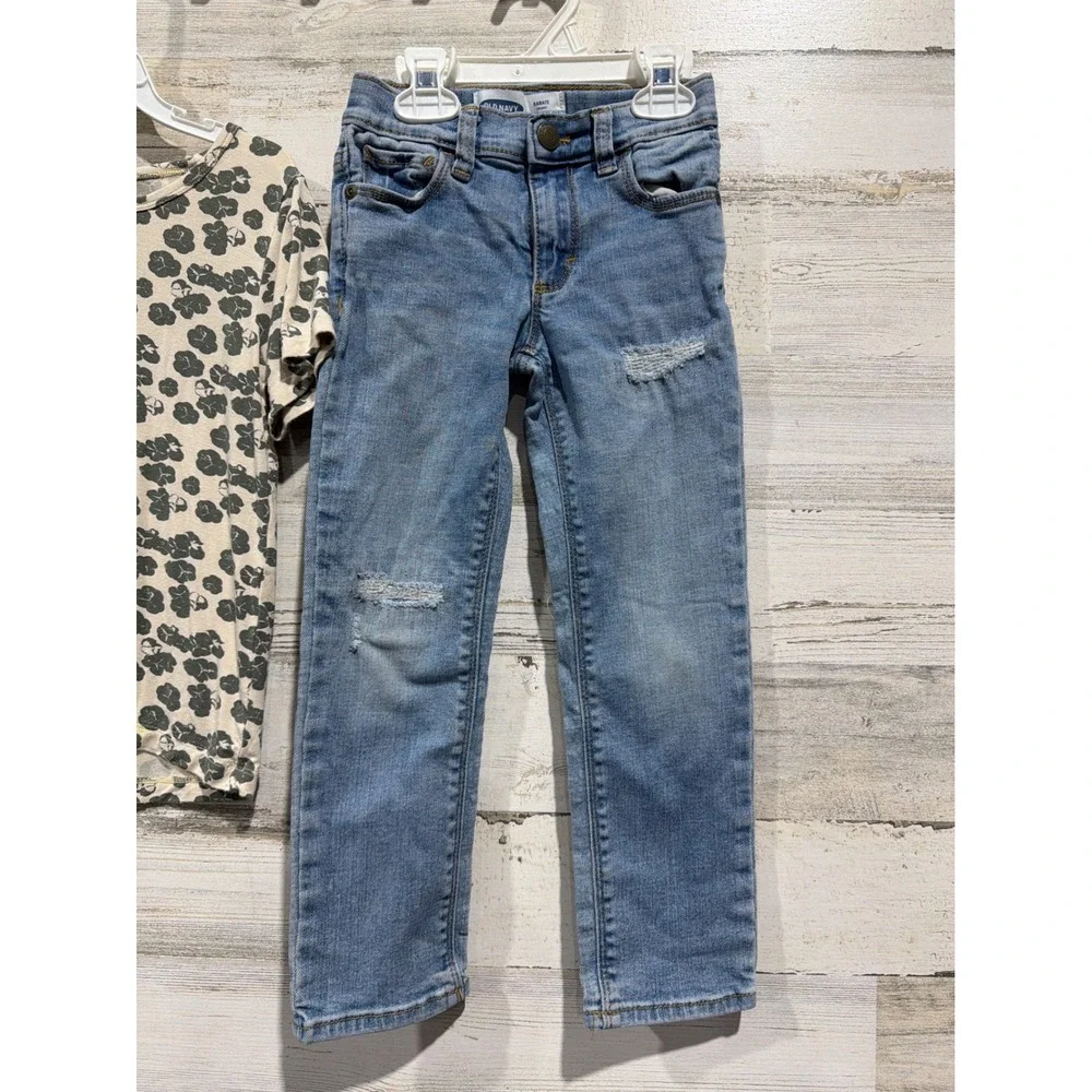 Kate Quinn Old Navy Outfit 5T Blue Tan Bamboo Distressed Skinny EUC